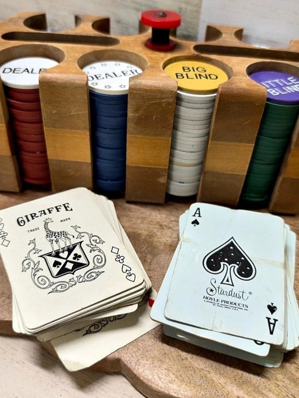 Vintage Wooden Poker Card Game Set with rare vintage cards.